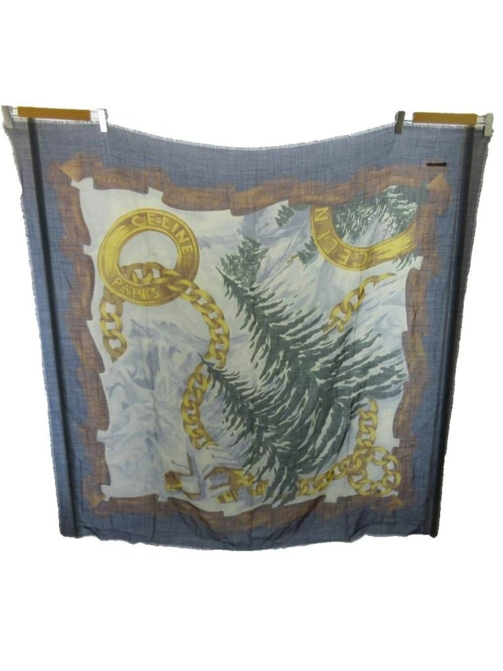 Celine Scarf Large All Over Print Fringe Wool Silk Blend Navy